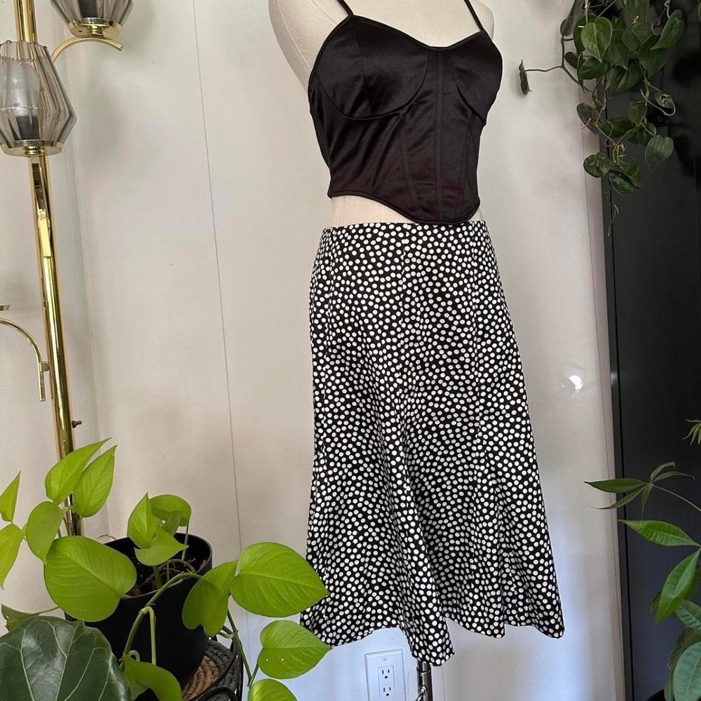 Dressbarn Polka Dot Satin Midi Skirt Black White Fluted Hem Retro Twee Womens 12